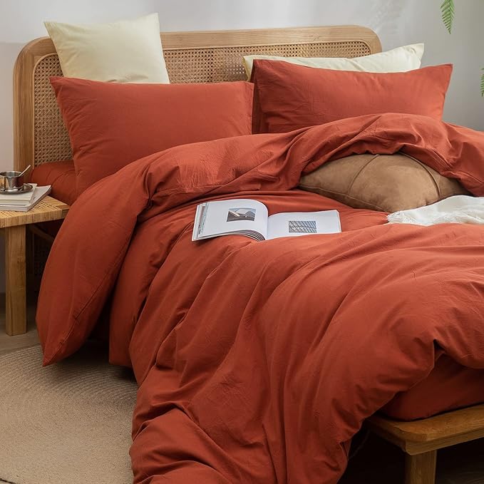 BESTOUCH Duvet Cover Set 100% Washed Cotton Linen Feel Super Soft Comfortable Chic Lightweight 3 PCs Home Bedding Set Solid Burnt Brick Red Full/Double