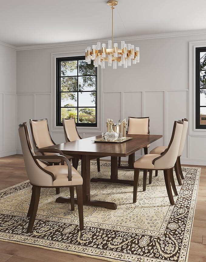 Manhattan Comfort Grand Faux Leather Dining Chair with Arms, Padded Wingback Seat, Fine Rectangular Stitching and Solid Wood Frame, Set of 1, Tan