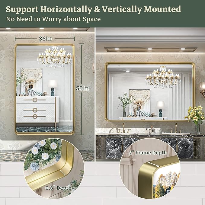 TokeShimi 55 x 36 Inch Brushed Gold Bathroom Mirror for Wall Vanity Mirror with Non-Rusting Aluminum Alloy Metal Frame for Modern Minimalist Farmhouse Home Decor (Horizontal/Vertical)