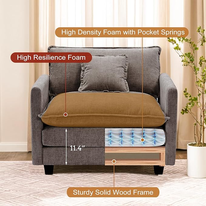 Furniliving Oversized Accent Chair with Ottoman, Luxury Chenille Single Sofa, Upholstered Deep Seat Chaise Lounge with Pillows for Living Room, Bedroom, Apartment, Grey
