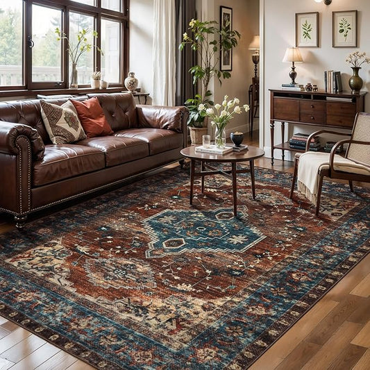 Tangsoo 5x7 Area Rug Washable Rug for Living Room, Vintage Indoor Non Slip Large Area Rugs, Print Distressed Rust Carpet, Soft Low Pile Foldable Floor Rug for Bedroom Dining Room Dorm