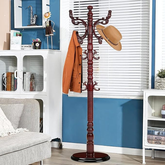 Solid Wood Coat Rack, Coat Racks Free Standing with 14 Hooks, Vintage Coat Rack with Stable Disc Base, Adjustable Height 73 in for Porch, Living Room, Bedroom, Office (Redwood Color)