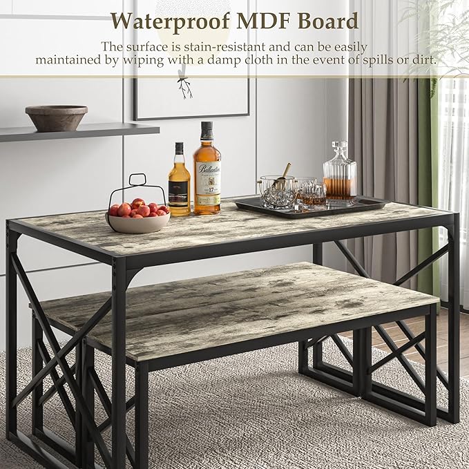 VECELO Kitchen Dining Table Set for 4, 55" Wood Rectangle Dinette with 2 Benches, Heavy-Duty Metal Frame for Small Space, Breakfast Nook, Grey