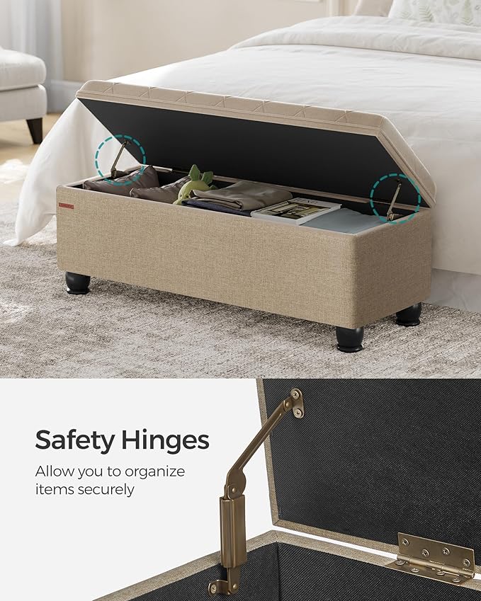 SONGMICS Storage Ottoman, Storage Bench, Tufted Entryway Bedroom Bench, 17.7 x 46.5 x 17.7 Inches, Hinges Easy Lid Operation, Wooden Legs, Linen-Look Cover, Loads 330 lb, Camel Brown ULOM070K01