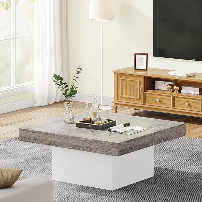 Tribesigns Coffee Table Square LED Center Table Engineered Wood Low Coffee Tables for Living Room (Grey+White)