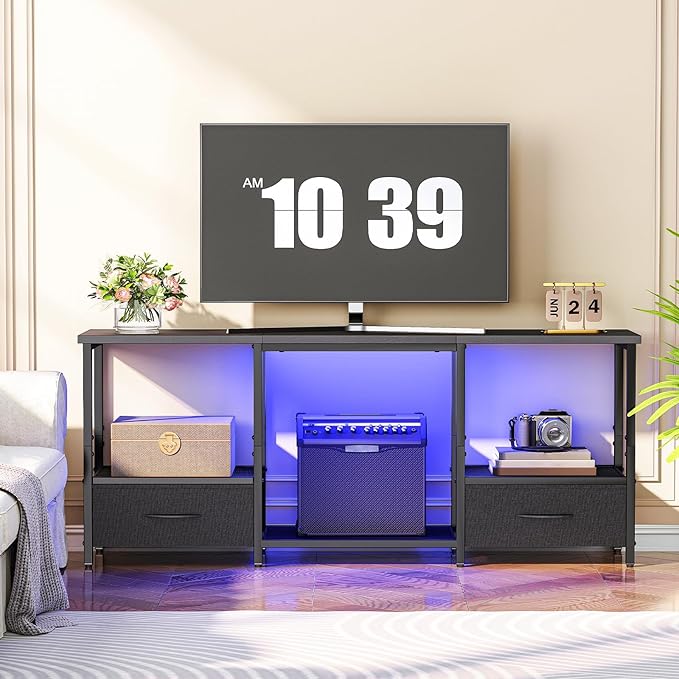 HOOBRO LED TV Stand with Storage, LED Entertainment Center with Open Shelves and Drawer, Fits TVs up to 55", Television Stand for Living Room, Bedroom, Black BB123DDS01