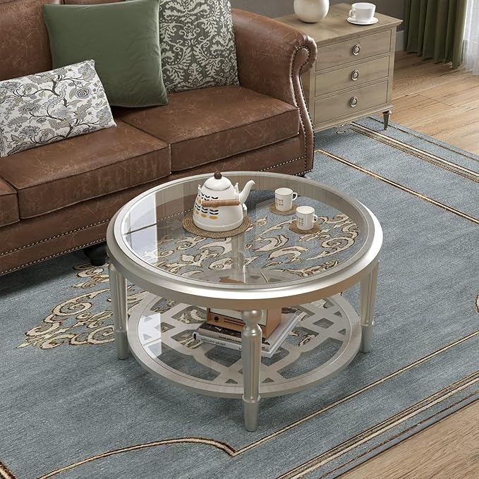COSIEST Glass Coffee Table, 32" Round Coffee Tables with Storage, 2-Tier Glass Top, Clear Coffee Table, Simple & Modern Center Table for Living Room or Home Office (Champagne)