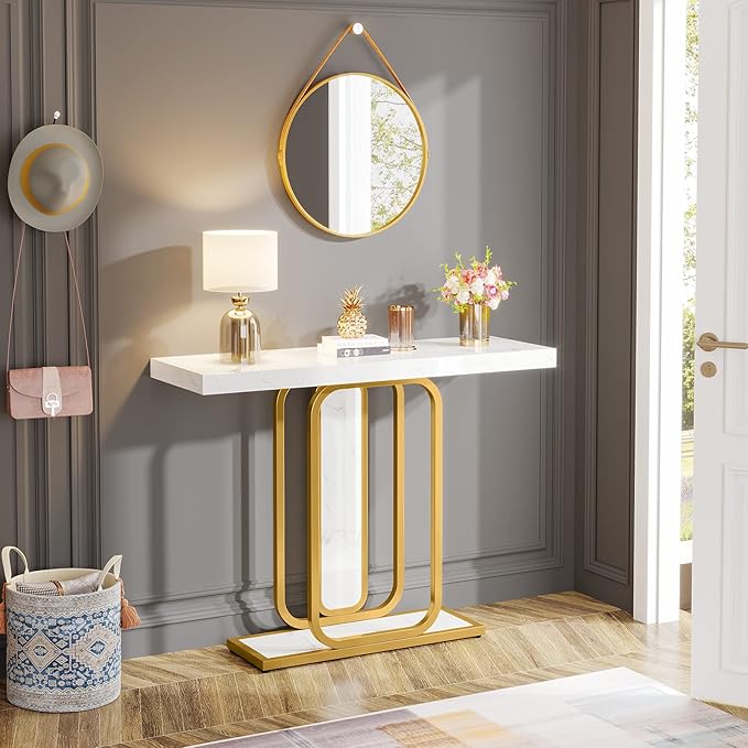 LITTLE TREE Modern Entryway Console Table with LED Lights, White and Gold