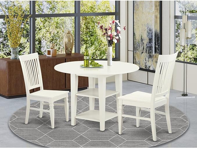 East West Furniture SUWE3-LWH-W 3 Piece Modern Dining Table Set Contains a Round Wooden Table with Dropleaf & Shelves and 2 Dining Room Chairs, 42x42 Inch, Linen White