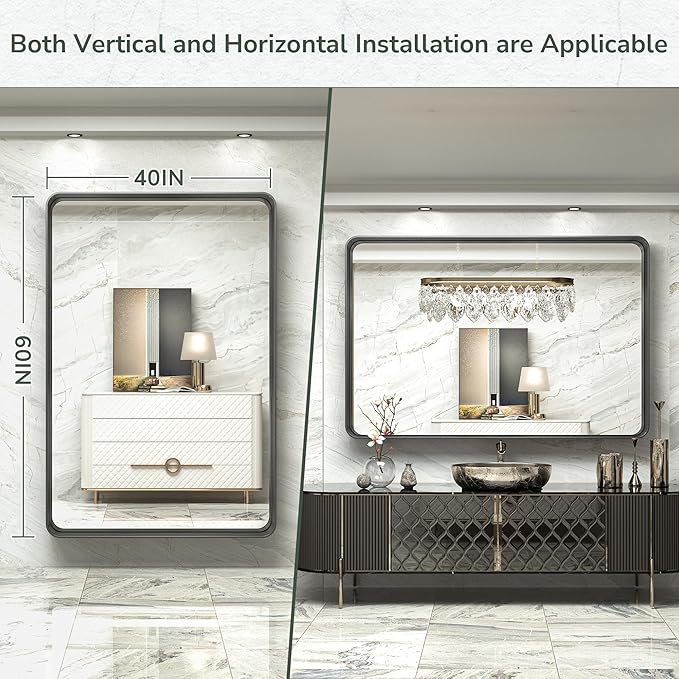TokeShimi 60 x 40 Inch Black Bathroom Mirror for Wall with Non-Rusting Aluminum Alloy Metal Frame Rounded Corner Rectangle Mirror for Modern Farmhouse Home Decor Mirror(Horizontal/Vertical)