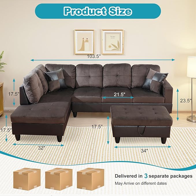 L Shaped Couch Upholstered Flannel Fabric 3 Pieces Sofas for Living Room with Chaise, Storage Ottoman for Office and Small Apartment, Dark Brown