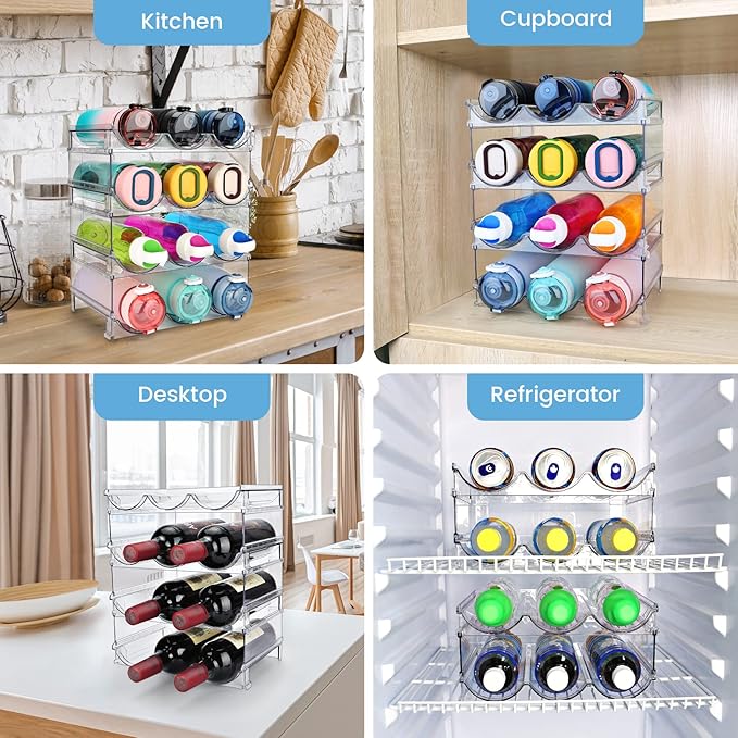 Water Bottle Organizer for Cabinet, 4 Pack Water Bottle Organization and Storage Shelf, Plastic Water Bottle Holder Rack for Fridge, Kitchen, Desktop