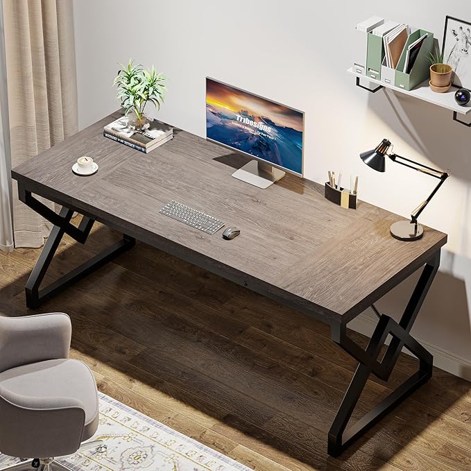 Tribesigns 63 Inch Executive Desk, Large Office Computer Desk with Extra Thick Wooden Tabletop and Metal Frame, Modern Simple Workstation Writing Table Study Desk for Home Office, Gray