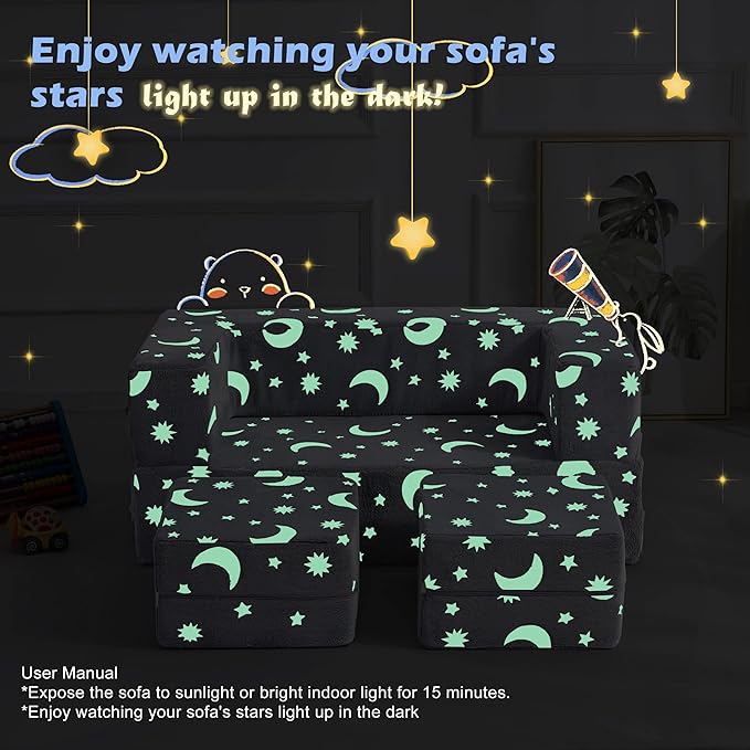 Kids Couch, Glow in The Dark Modular Kids Explore Sofa for Toddler 3 in 1 Fold Out Kids Toddler Sofa, Convertible Plush Toddler Couch with Washable and Durable Covers