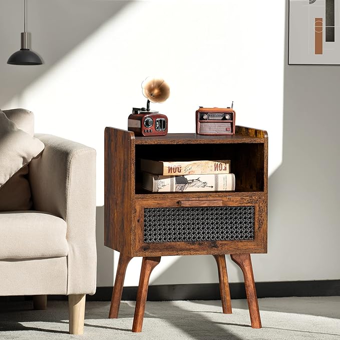 Lerliuo Rattan Nightstand, Boho Side Table with Drawer Open Shelf, Cane Accent Bedside End Table with Solid Wood Legs for Bedroom, Dorm and Small Spaces (Brown)
