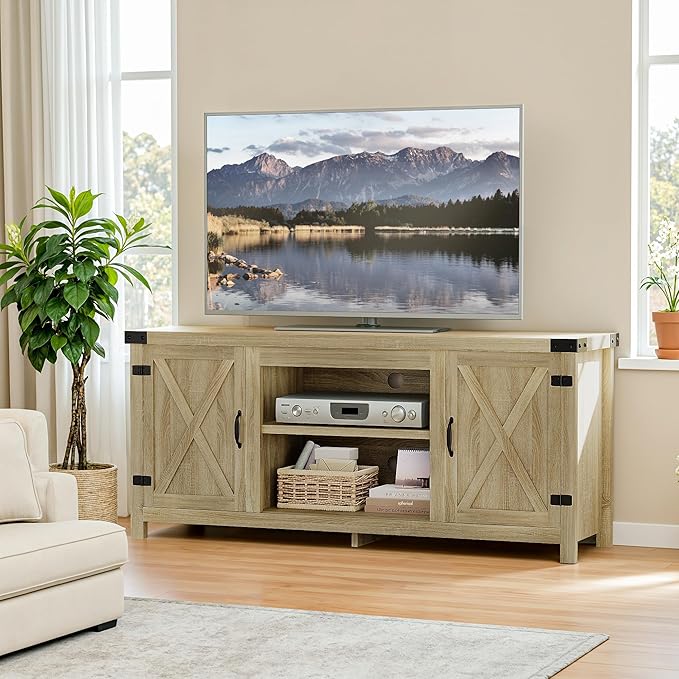 YESHOMY Modern Farmhouse TV Stand with Two Barn Doors and Storage Cabinets for Televisions up to 65+ Inch,Entertainment Center Console Table,Media Furniture for Living Room,Yellow Oak