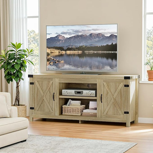 YESHOMY Modern Farmhouse TV Stand with Two Barn Doors and Storage Cabinets for Televisions up to 65+ Inch,Entertainment Center Console Table,Media Furniture for Living Room,Yellow Oak