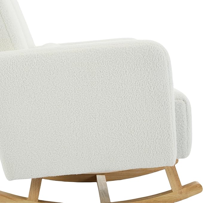 Christopher Knight Home Mapo Wooden Rocking Chair Indoor, Teddy Upholstered Spacious Rocker Chair with Pillow, Comfy Rocking Chair with Armrest for Bedroom, Living Room, Offices, Cream White