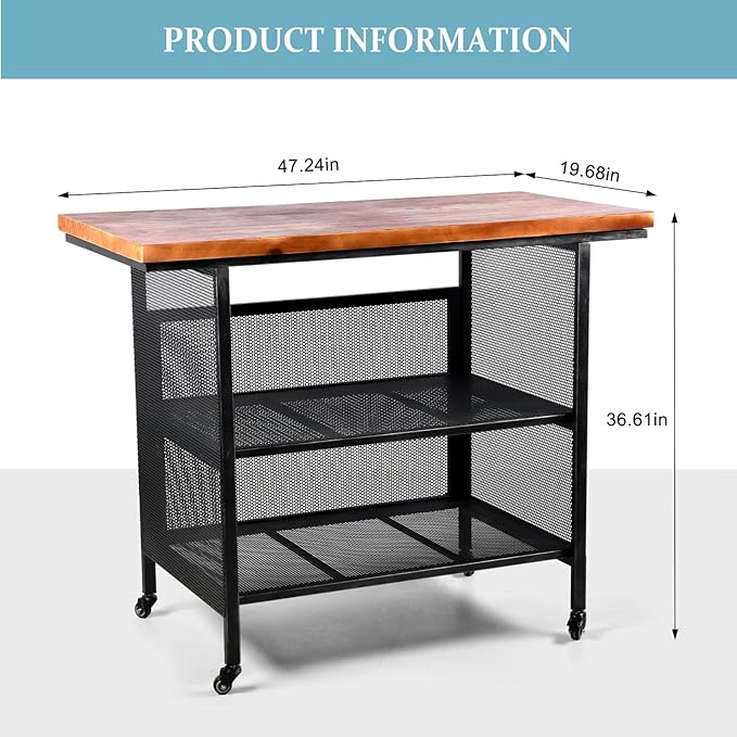 Rustic 3-Tiered Serving Cart with Casters Vintage Rolling Bar Cart for Kitchen Living Room Industrial Mobile Barbecue Cart for Outdoor&Indoor 47.2 * 19.7 * 36.6in L*W*H