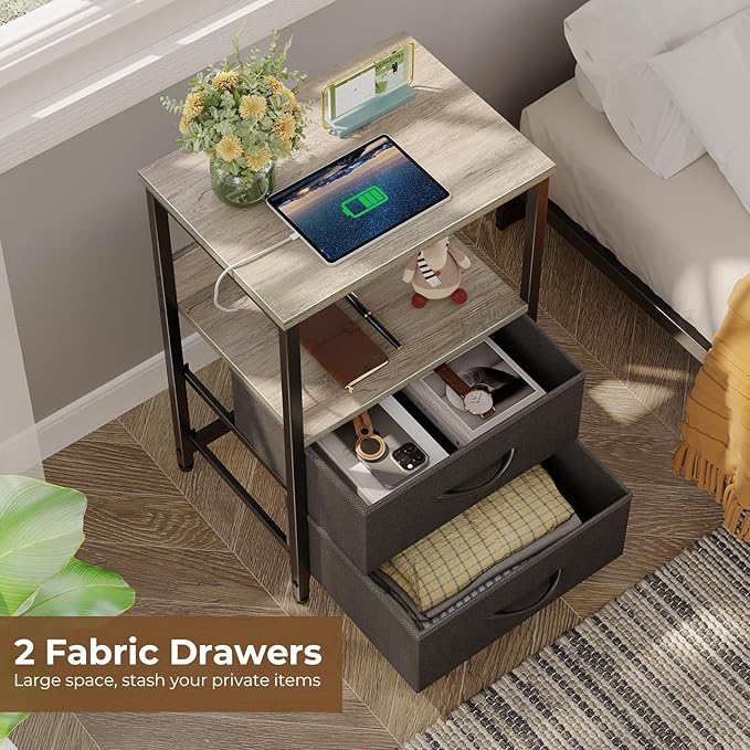 Seventable Nightstand with Charging Station, Bedside Table with LED Lights, Night Stand with 2 Fabric Drawers, 3-Tier Storage End Table for Bedroom, Greige