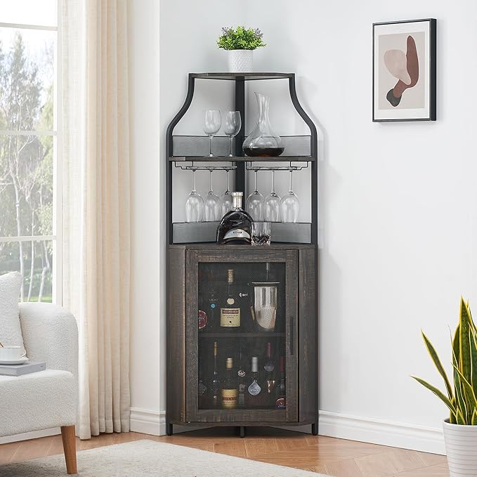 GarveeHome Corner Wine Bar Rack Cabinet with Detachable Wine Rack, Home Bar Cabinet with Barn Door and Adjustable Shelf, Wine Bar Cabinet and Buffet Cabinet with Mesh Door, Fire Wood