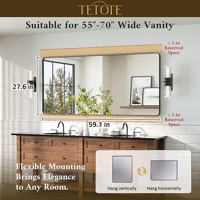 TETOTE Black Framed Mirrors for Bathroom 60 x 28 Metal Framed Bathroom Vanity Mirrors, Tempered Glass, Wall Mounted, Entryway, Bedroom, Living Room(Horizontal/Vertical)