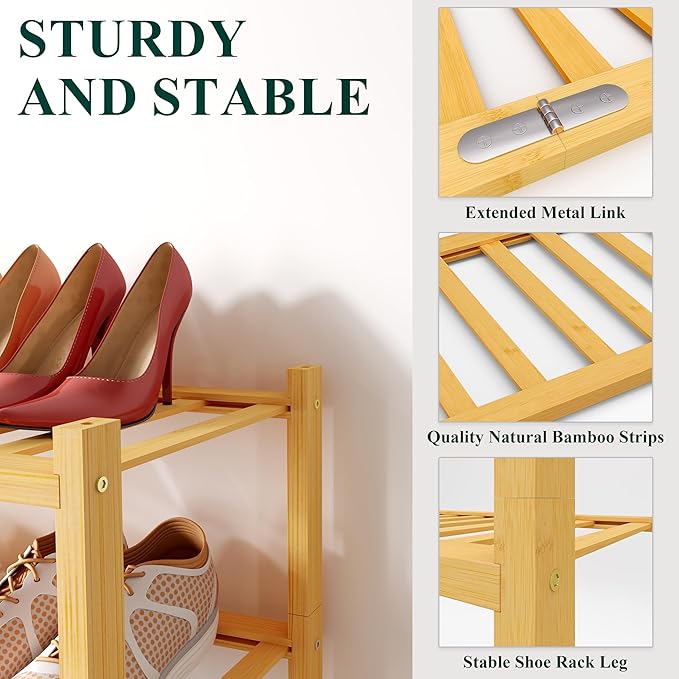 Smiry Shoe Rack, 4 Tier Bamboo Shoe Organizer, Stackable Free Standing Wooden Shoe Storage Shelf for Closet, Entryway, Front Door Entrance, Natural