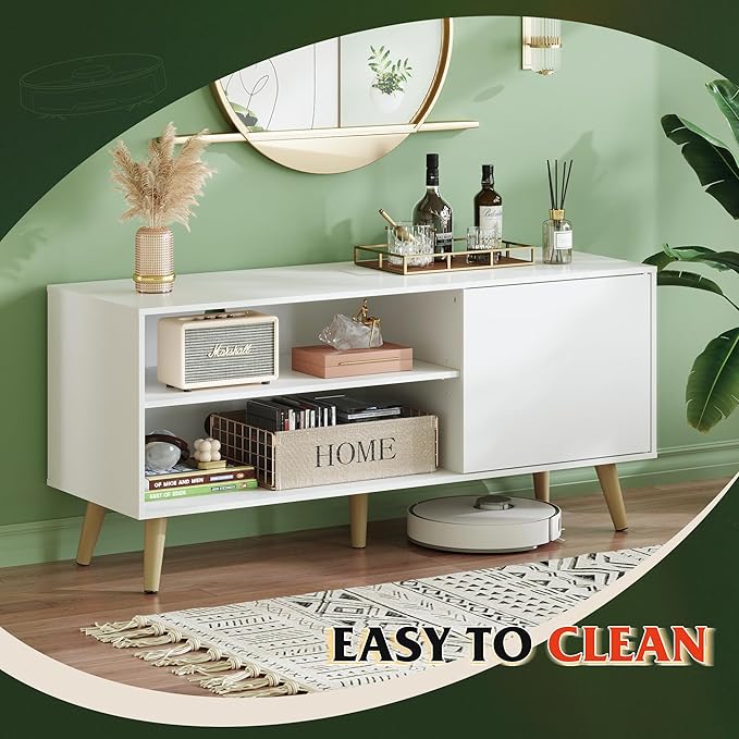WLIVE TV Stand for 55 Inch TVs, Entertainment Center with Storage Cabinet, Mid-Century TV Stands for Living Room and Bedroom, 50" TV Console, White