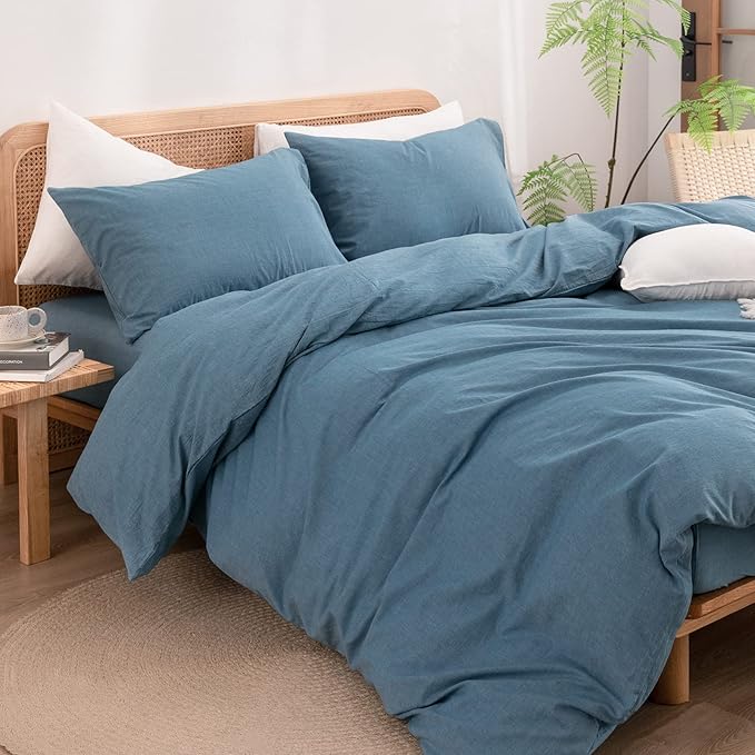 BESTOUCH Duvet Cover Set 100% Washed Cotton Linen Feel Super Soft Comfortable Chic Lightweight 3 PCs Home Bedding Set Solid Dark Blue Full/Double
