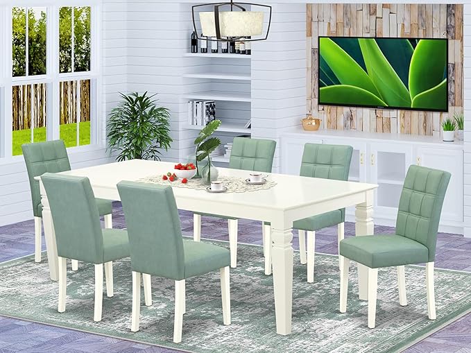 East West Furniture LGAS7-LWH-43 7 Piece Dining Set Contain A Mid Century Table and 6 Willow Green Polyester Fabric Mid Century Modern Dining Chairs, Linen White