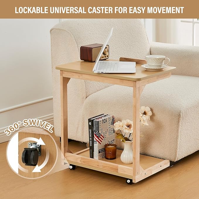 CozyDH Adjustable C Shaped End Table, Rolling Side Table Solid Wood TV Sofa Tray Table for Couch Arm Eating Multi-Purpose, Small Coffee Table with Wheels Living Room Bedroom, Natural