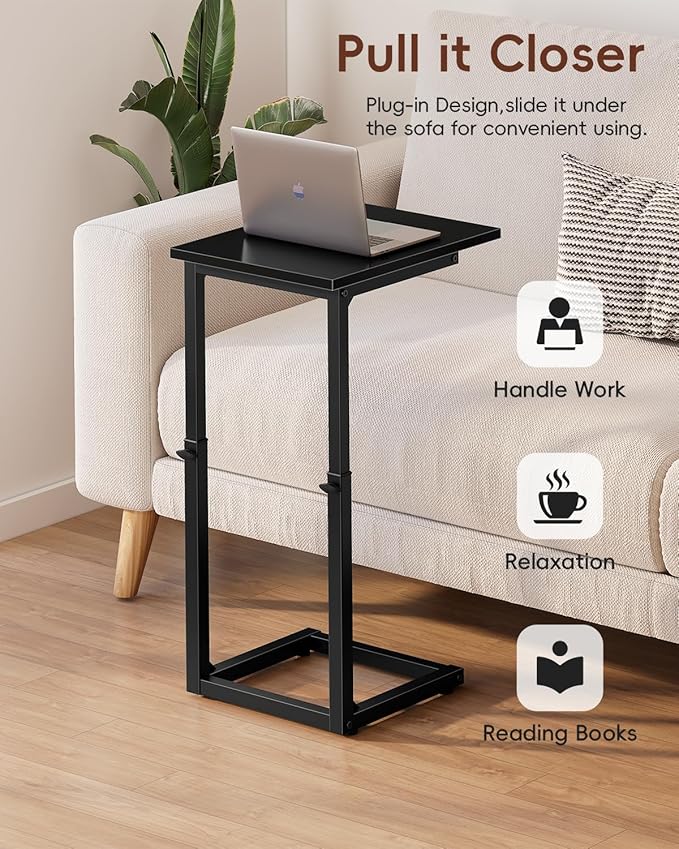 Vagusicc C Shaped End Table, 33" Tall Couch Table Adjustable Height Side Table, Sofa Table That Slide Under, C Table End Table TV Tray Coffee Arm Table for Living Room, Bedroom, Small Spaces, Black