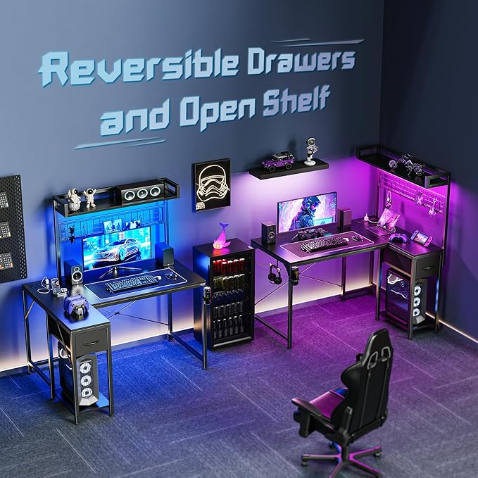 PRAISUN L Shaped Gaming Desk with Shelves, Corner Computer Table with LED Lights, Power Outlets and USB-C Ports, 42 Inch Reversible Home Office Desk with Storage Drawer, for Work and Study, Black