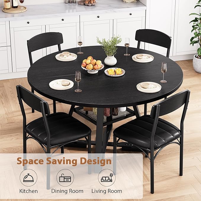 Round Dining Table Set for 4, Kitchen Table and Chairs for 4, Circle Table Round Pedestal Dining Room Dinner Dinette Table Set,5 Piece Space Saving Wood Kitchen & Dining Room Tables (Black, 42In)