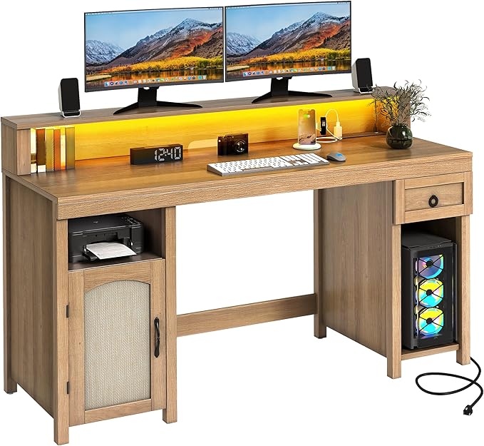 DWVO Farmhouse Office Desk with Drawer & Power Outlets, Rattan Computer Desk w/LED Strip & Monitor Stand for Bedchamber Study, Home Office Table w/Storage Cabinet for Working Writing Gaming (Oak)