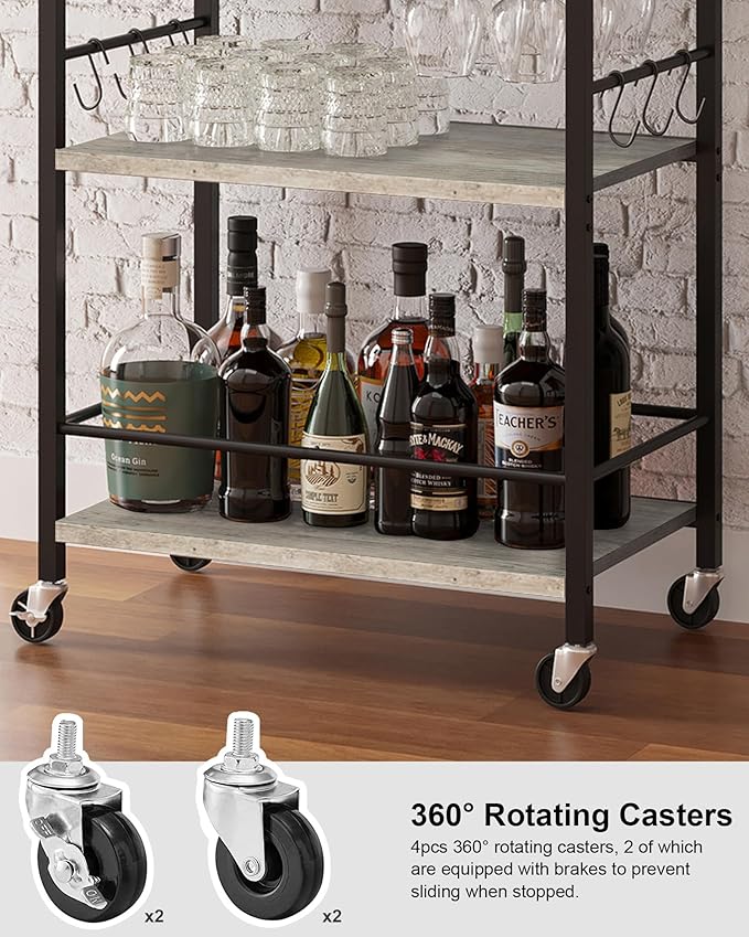 TUTOTAK Bar Cart, Home Bar Serving Cart, Small Wine Cart with 3-Tier Shelf, Beverage cart, Drink Cart with Wine Rack and Glass Holder, Rolling bar carts for The Home, Living Room, Greige BC01BG035