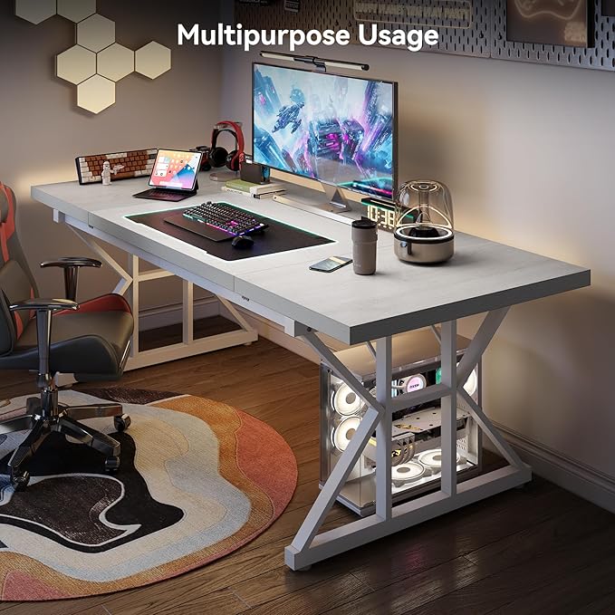 LITTLE TREE 70.8-Inch Large Executive Desk, Extra Long Computer Office Desk Workstation, Modern Simple Style Laptop Table, Sturdy Wooden Writing Workstation for Home White