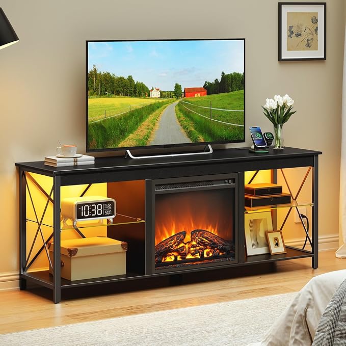 HOOBRO Fireplace TV Stand with Charging Station and LED Lights, TV Stand with Fireplace for TVs up to 65", Entertainment Center with Fireplace, Glass Shelves, Black BB140UDDS01