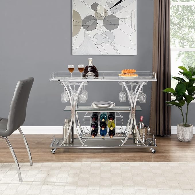 Silver Bar Carts with Glass Holders & Wine Rack,3 Tier Home Bar Serving Carts with Glass Shelves,Metal Rolling Bar Carts for The Home Kitchen, Party
