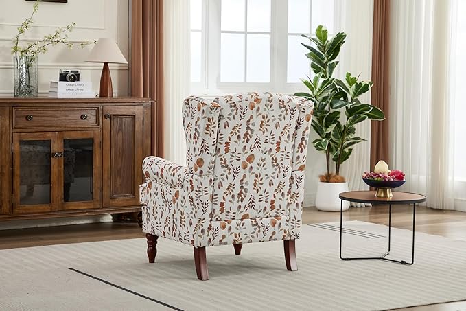 Ball & Cast Modern Accent Chair,Comfy Upholstered Armchair with Retro Wood Legs,Floral Design Single Sofa Chair,Living Room Furniture for Apartment,Bedroom,Office,Linen Fabric,Floral Yellow
