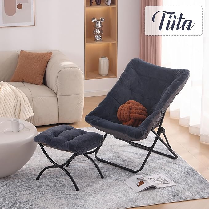 Tiita Folded Chair with Ottoman, Soft Faux Fur Oversized Folding Accent Chair,Lounge Lazy Chair, Metal Frame Moon Chair for Bedroom, Living Room, Dorm Rooms, Garden and Courtyard