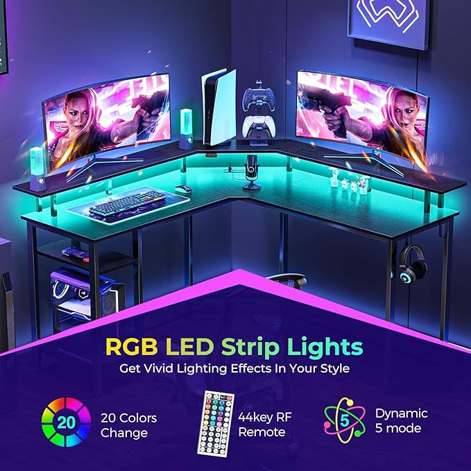 Rolanstar L Shaped Gaming Desk with LED Lights & Power Outlets, 53" Computer Desk with Full Monitor Stand & Storage Shelf, Corner Desk with Hooks, Carbon Fiber Desk Reversible