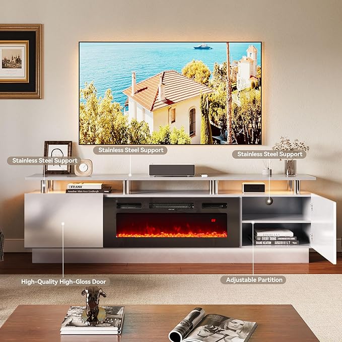 80" TV Stand & Entertainment Center, Media Console with Storage Cabinet, Fits TVs up to 90", Modern Living Room Furniture, 36" Electric Fireplace (Grey+Black)