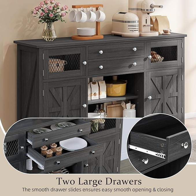 YITAHOME Farmhouse TV Stand for TVs up to 65", 59" Entertainment Center with 2 Large Drawers & Visual Grid Door, Rustic TV Media Console for Living Room, Dark Grey