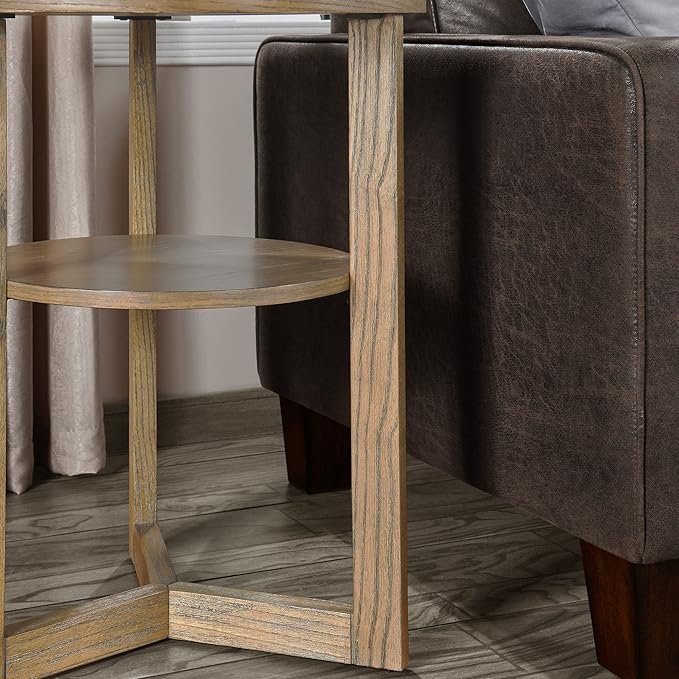MODERION Round End Table, Farmhouse Side Table with Storage Shelf, Classic Circular Solid Wood Beside Table, 2-Tier Telephone Table, Nightstand, 24”H x 19.3”D for Living Room Rustic Natural BZ3338