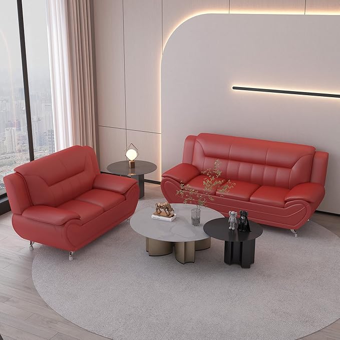 Container Furniture Direct Michael Modern Faux Leather Upholstered Stainless Steel Legs Living Room Sofa, Loveseat, Persian Red