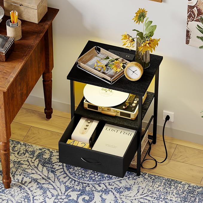 Fixwal Night Stand Set of 2 with Charging Station, LED Nightstand with Fabric Drawers, End Table with PU Finish, Bed Side Table, Black