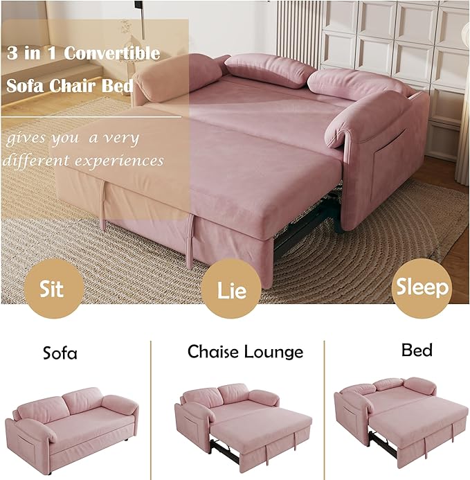 ERYE 3 in 1 Loveseat Sofa Convertible Sleeper Sofabed,Functional Recliner Daybed Love Seat Sofa&Couch W/Pull Out Couch Bed, Reclining Backrest and Pillows Armrests for Office Apartment RV Living Room