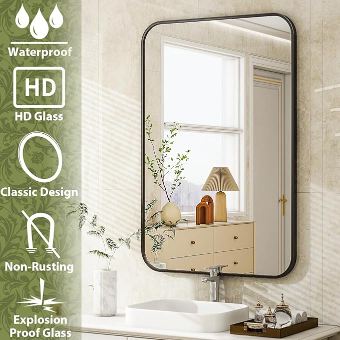 30 x 40 Inch Bathroom Mirror, Rounded Rectangular Vanity Mirror for Wall, Modern Mirror for Room Decor, Black Framed Wall-Mounted Mirrors for Home Decor, Hangs Horizontally or Vertically