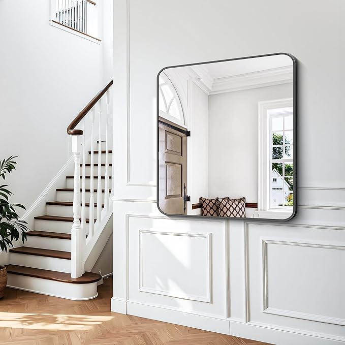 BONEWEI 36x40 inch Bathroom Mirror,Black Rectangle Mirror,Wall Mounted Bathroom Frame Vanity Mirror with Round Corner for Bedroom Living Room,Entryway Hangs Horizontal or Vertical